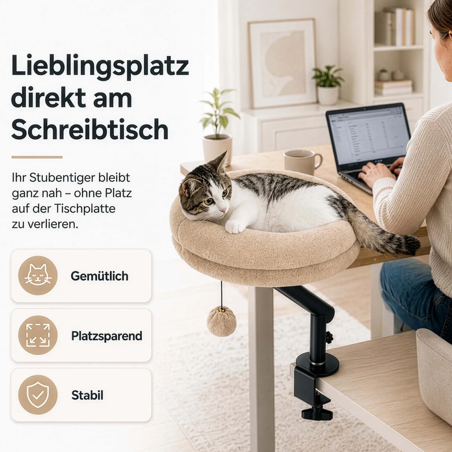 Fudajo Katzenbett für den Schreibtisch 40 x 40 cm beige belastbar bis 15 kg, Katzenliege mit Klemmsystem, Kuschelbett mit Plüsch und Spielball