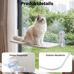 Fudajo Katzenbett Hängematte 30 x 60 cm hellgrau, Katzenhängematte Fenster bis 10 kg, Katzenliege mit Saugnäpfen für Fensterplatz