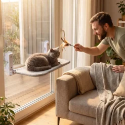 Fudajo Katzenbett Hängematte 30 x 60 cm hellgrau, Katzenhängematte Fenster bis 10 kg, Katzenliege mit Saugnäpfen für Fensterplatz