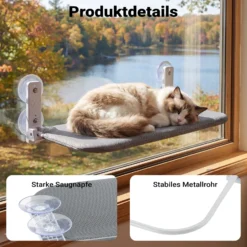 Fudajo Katzenbett Hängematte 30 x 60 cm dunkelgrau, Katzenhängematte Fenster bis 10 kg, Katzenliege mit Saugnäpfen für Fensterplatz