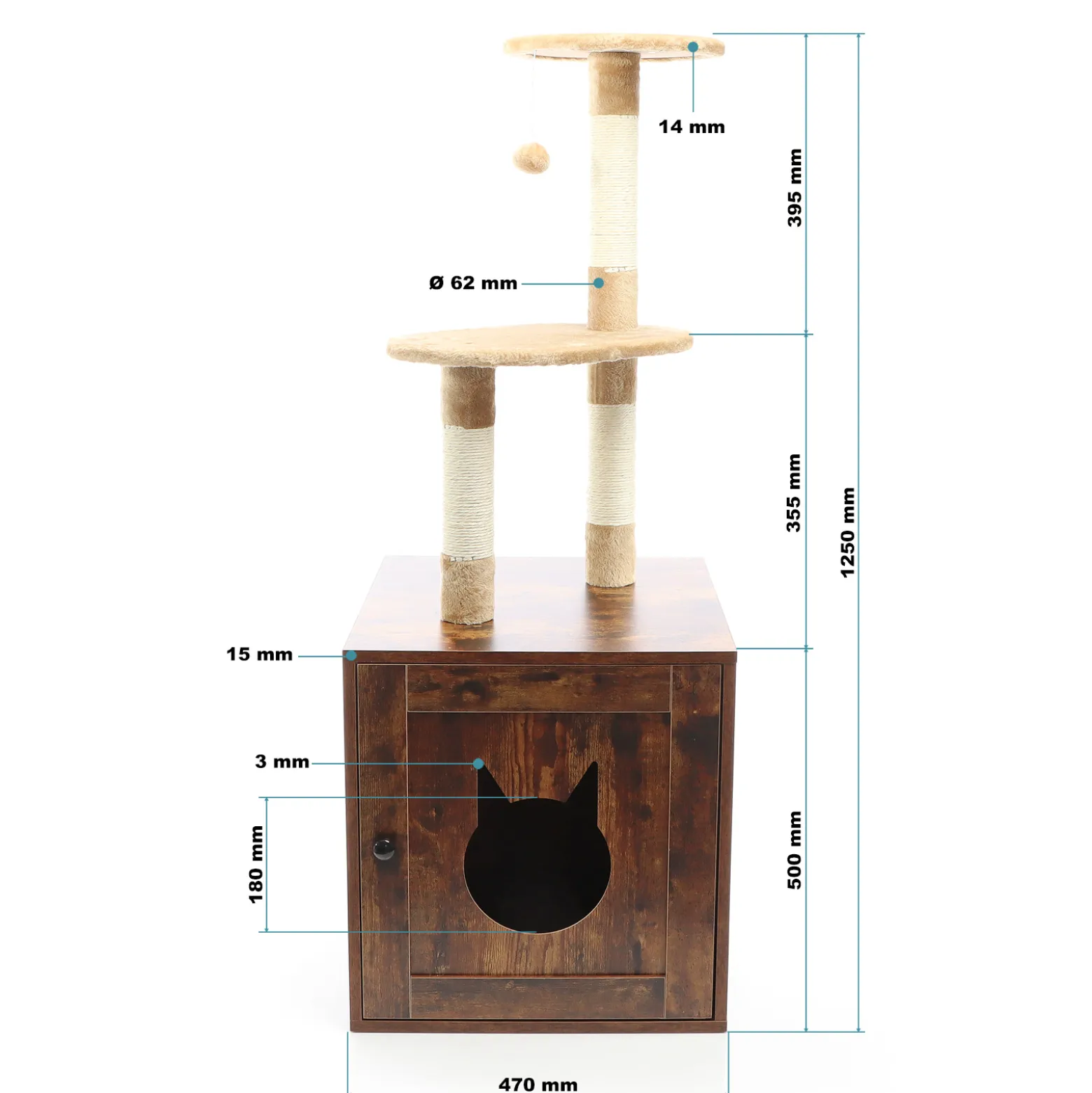Fudajo Kratzbaum aus Holz 125 cm mit Katzenhaus, Design Katzenkratzbaum in Vintagebraun, 2in1 Katzenhaus mit Katzenklo, Kletterbaum für Katzen