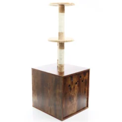 Fudajo Kratzbaum aus Holz 125 cm mit Katzenhaus, Design Katzenkratzbaum in Vintagebraun, 2in1 Katzenhaus mit Katzenklo, Kletterbaum für Katzen