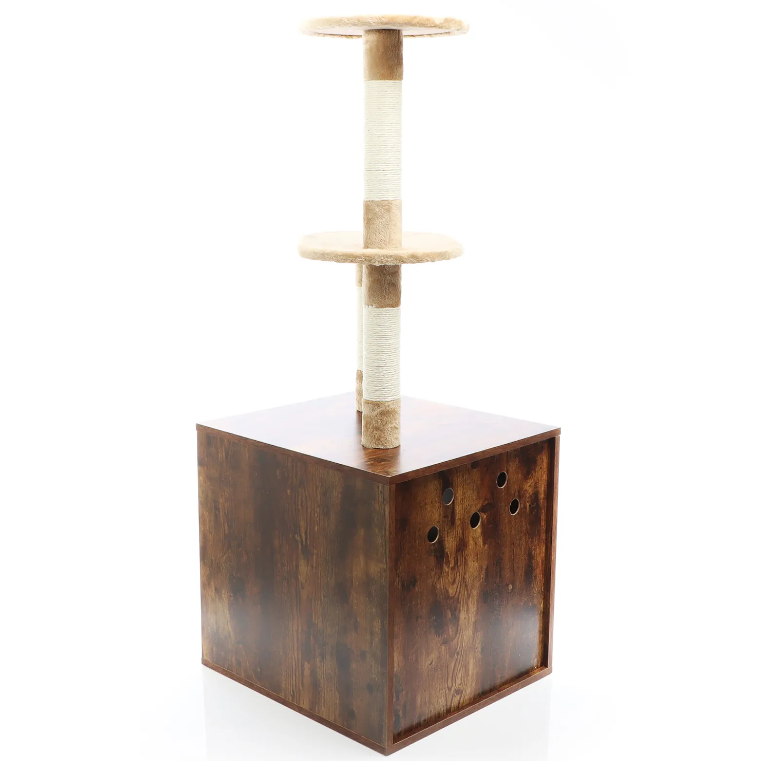 Fudajo Kratzbaum aus Holz 125 cm mit Katzenhaus, Design Katzenkratzbaum in Vintagebraun, 2in1 Katzenhaus mit Katzenklo, Kletterbaum für Katzen