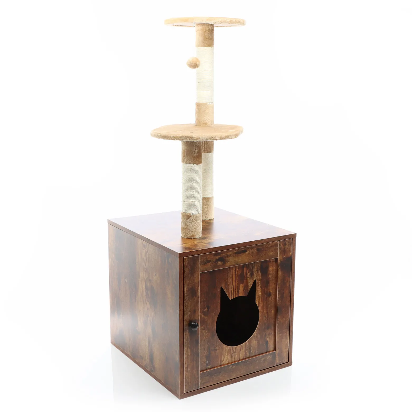 Fudajo Kratzbaum aus Holz 125 cm mit Katzenhaus, Design Katzenkratzbaum in Vintagebraun, 2in1 Katzenhaus mit Katzenklo, Kletterbaum für Katzen