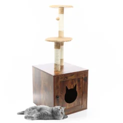 Fudajo Kratzbaum aus Holz 125 cm mit Katzenhaus, Design Katzenkratzbaum in Vintagebraun, 2in1 Katzenhaus mit Katzenklo, Kletterbaum für Katzen