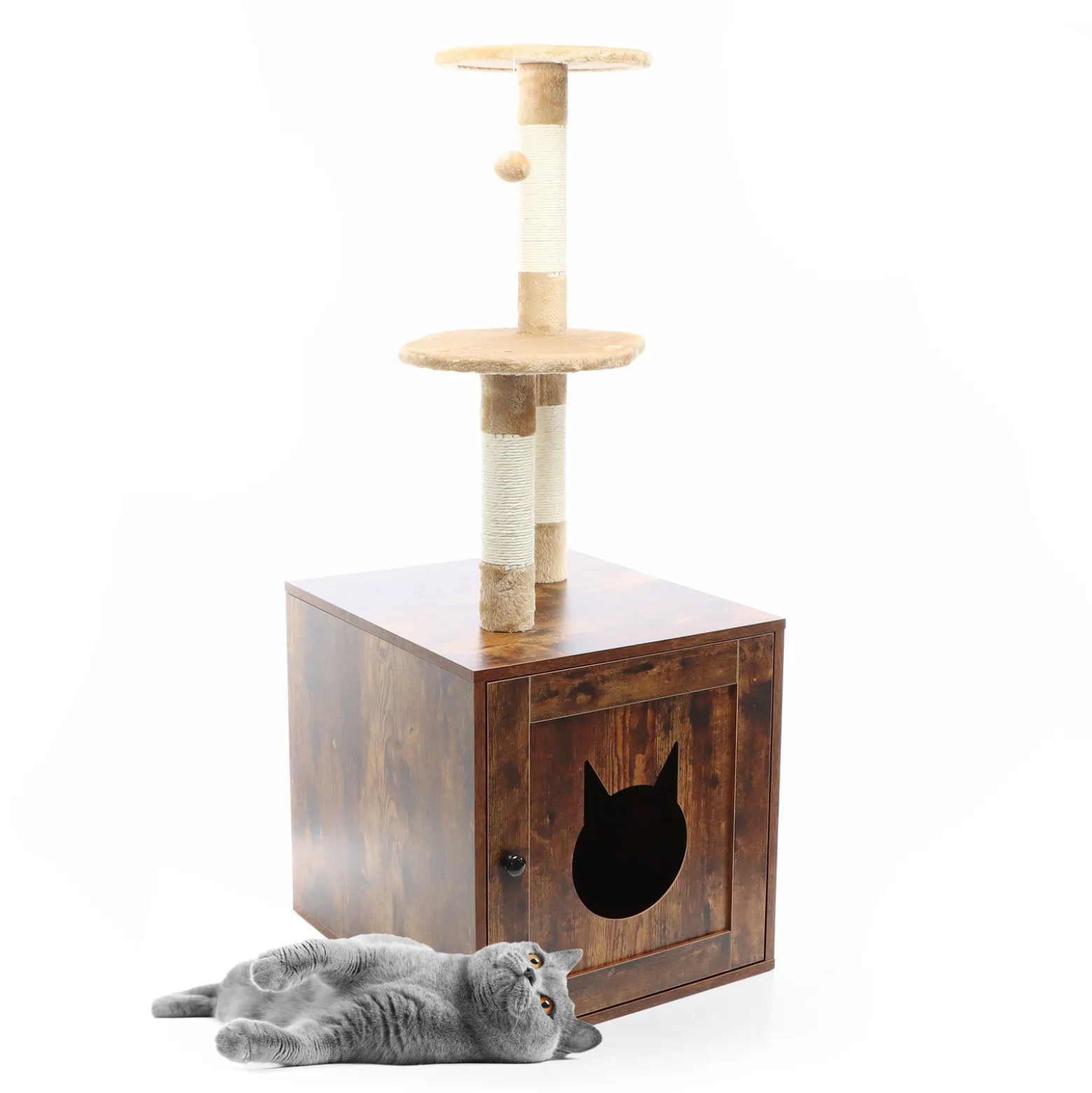 Fudajo Kratzbaum aus Holz 125 cm mit Katzenhaus, Design Katzenkratzbaum in Vintagebraun, 2in1 Katzenhaus mit Katzenklo, Kletterbaum für Katzen