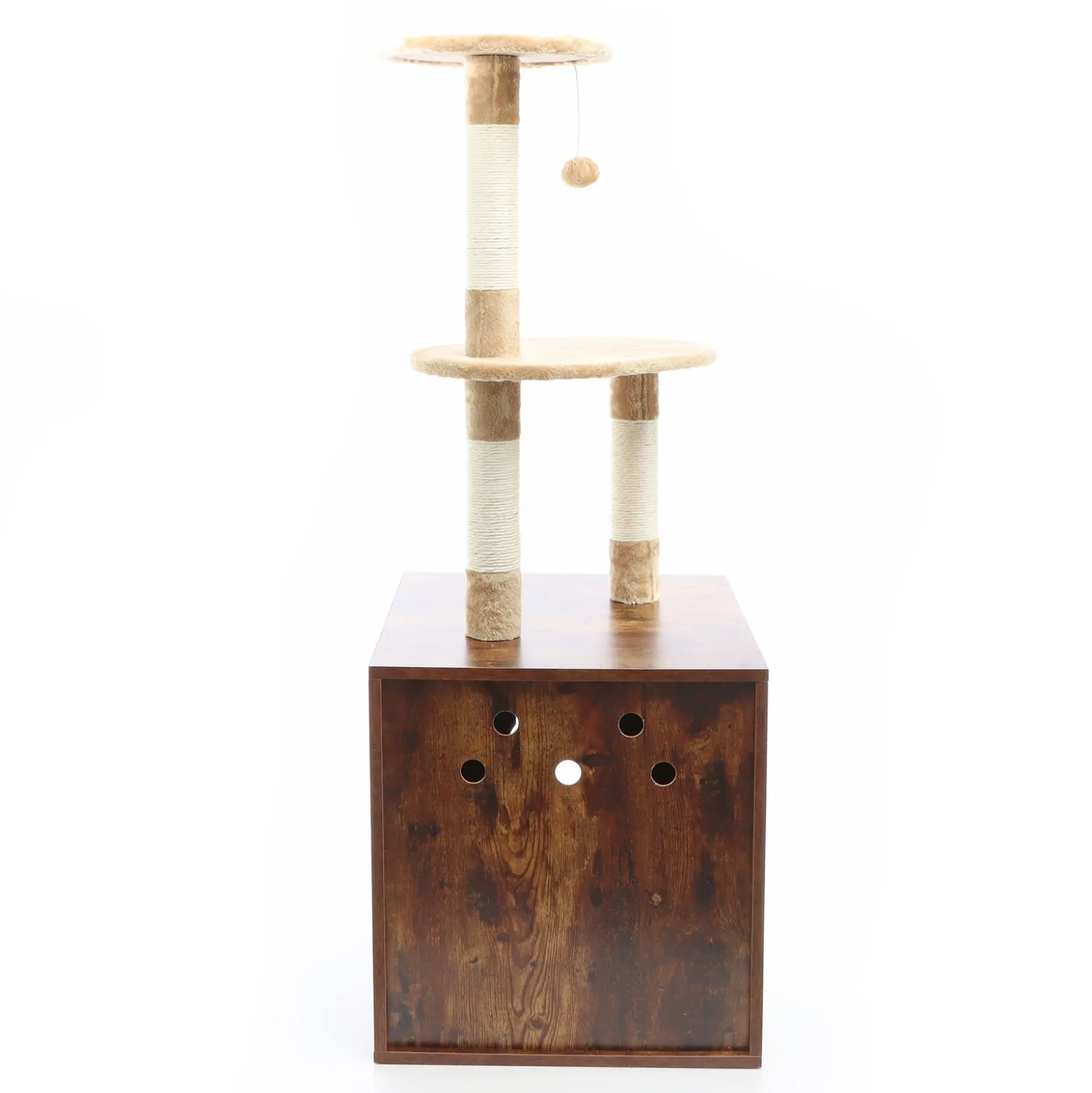 Fudajo Kratzbaum aus Holz 125 cm mit Katzenhaus, Design Katzenkratzbaum in Vintagebraun, 2in1 Katzenhaus mit Katzenklo, Kletterbaum für Katzen