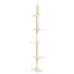 Fudajo Kratzbaum deckenhoch 230–276 cm in Beige, Katzenkratzbaum mit 4 Ebenen, Katzenbaum Deckenspanner höhenverstellbar, Katzenmöbel mit Sisal