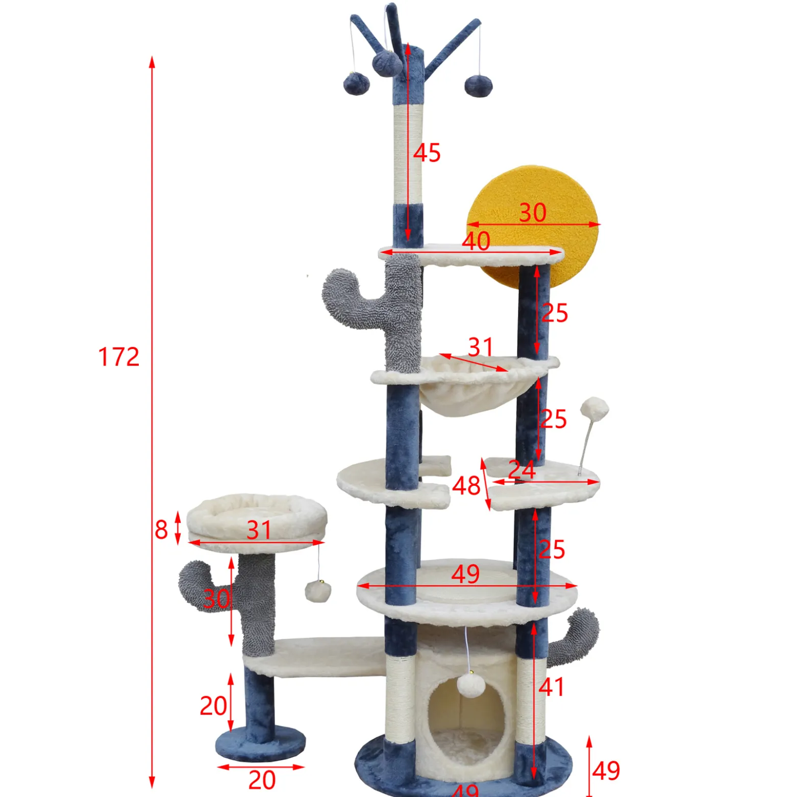 Fudajo Kratzbaum im Kaktusdesign Hellgrau 172 cm, Katzenkratzbaum mit Katzenhaus u. Liegemulde, Katzenbaum mit Sisal, Katzenmöbel mit Spielbälle
