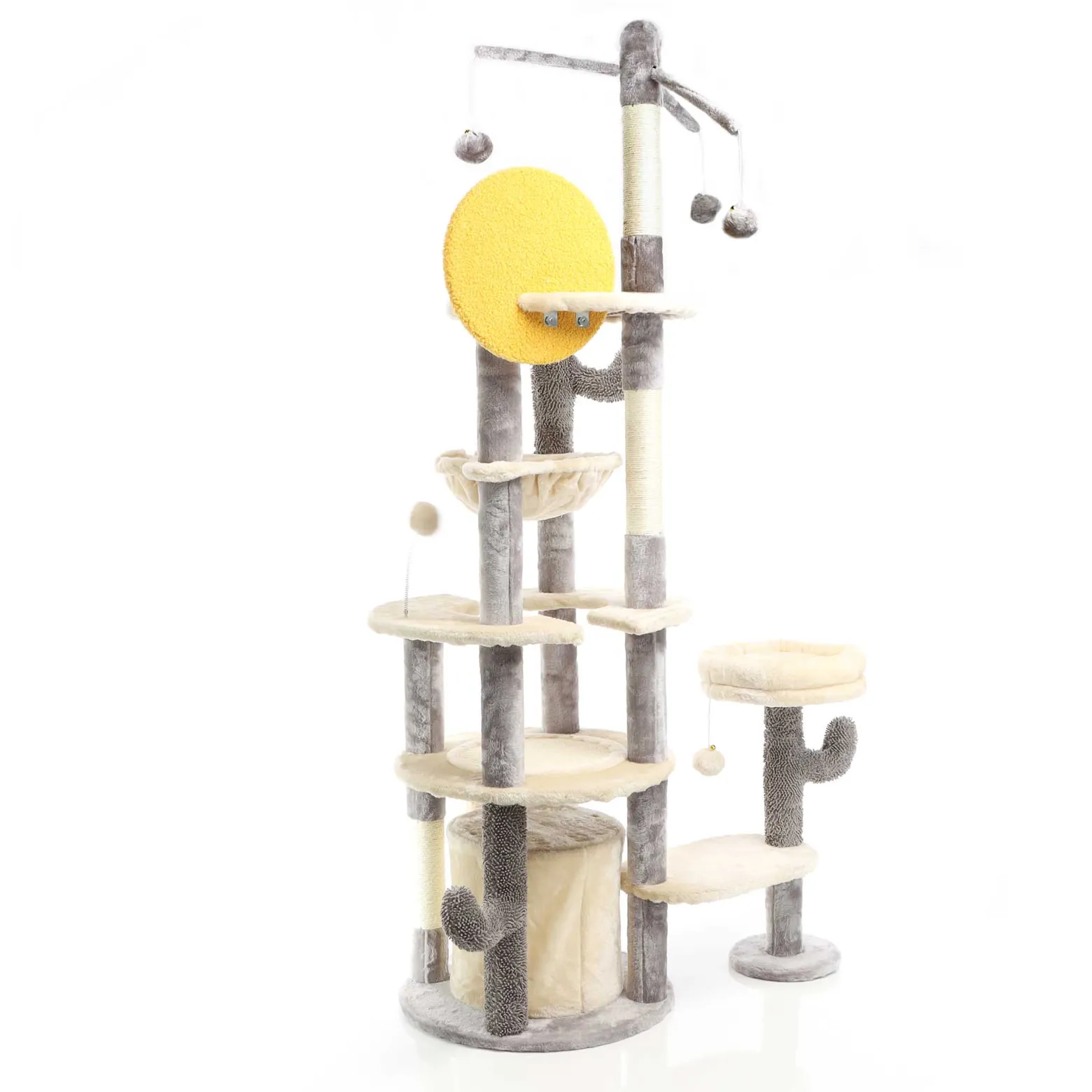 Fudajo Kratzbaum im Kaktusdesign Hellgrau 172 cm, Katzenkratzbaum mit Katzenhaus u. Liegemulde, Katzenbaum mit Sisal, Katzenmöbel mit Spielbälle