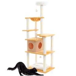 Fudajo Kratzbaum in Weiß/Braun 164 cm hoch, Katzenkratzbaum mit Katzenhaus und Liegemulde, Katzenbaum mit Sisal, Plüsch und Spielbällen