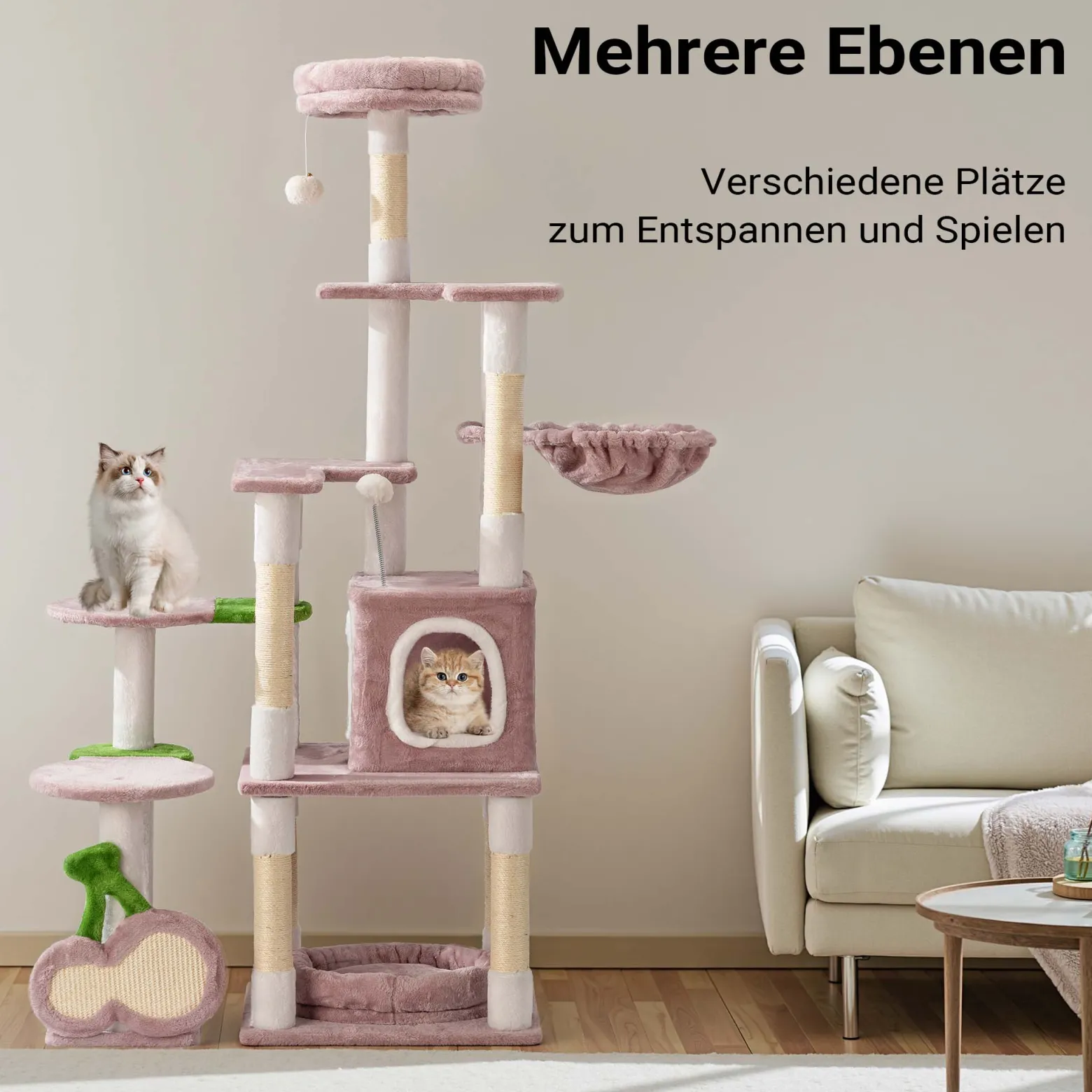 Fudajo Kratzbaum "Kirschen" in Rosa 162 cm hoch, Katzenkratzbaum mit Kratzbrett in Kirsch-Form, Katzenbaum mit Katzenhaus, Liegemulde und Spielbällen