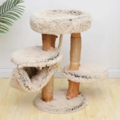 Fudajo Kratzbaum mit Holz und Plüsch 87,5 cm hoch, Designer Katzenkratzbaum mit Birnbaumholz, Katzenbaum mit Hängematte, Katzenmöbel mit Liege