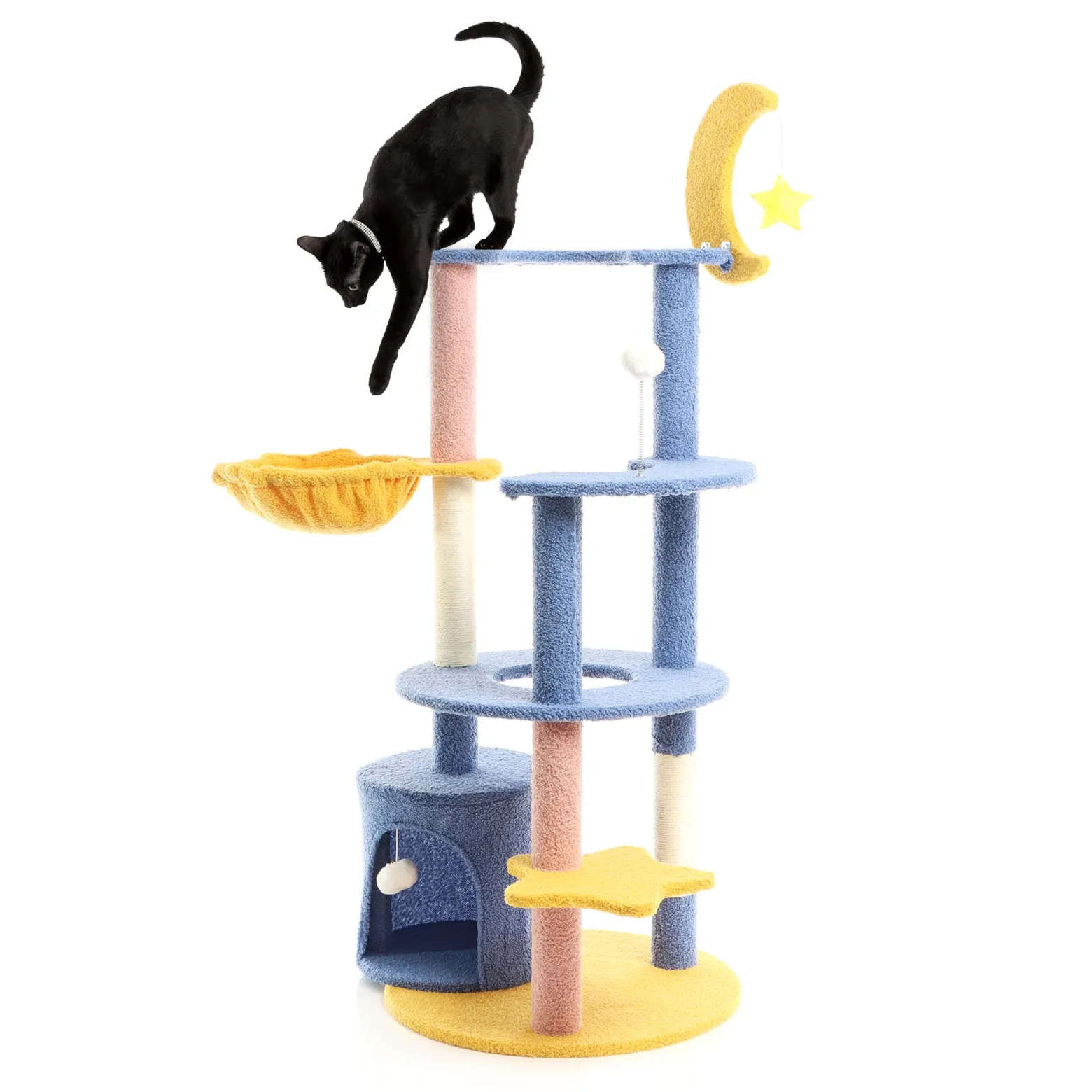 Fudajo Kratzbaum mit Mond und Sterne 132 cm hoch, Katzenkratzbaum in Blau/Gelb, Katzenbaum mit Katzenhaus und Liegemulde, Katzenmöbel mit Spielbälle