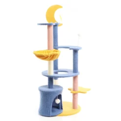 Fudajo Kratzbaum mit Mond und Sterne 132 cm hoch, Katzenkratzbaum in Blau/Gelb, Katzenbaum mit Katzenhaus und Liegemulde, Katzenmöbel mit Spielbälle