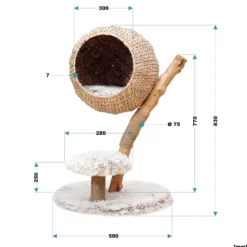 Fudajo Kratzbaum Zweigdesign mit Katzenkorb 83 cm hoch, Designer Katzenkratzbaum mit Liegekorb in Flecht-Optik, Katzenbaum aus Holz mit Plüsch