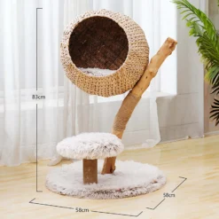 Fudajo Kratzbaum Zweigdesign mit Katzenkorb 83 cm hoch, Designer Katzenkratzbaum mit Liegekorb in Flecht-Optik, Katzenbaum aus Holz mit Plüsch