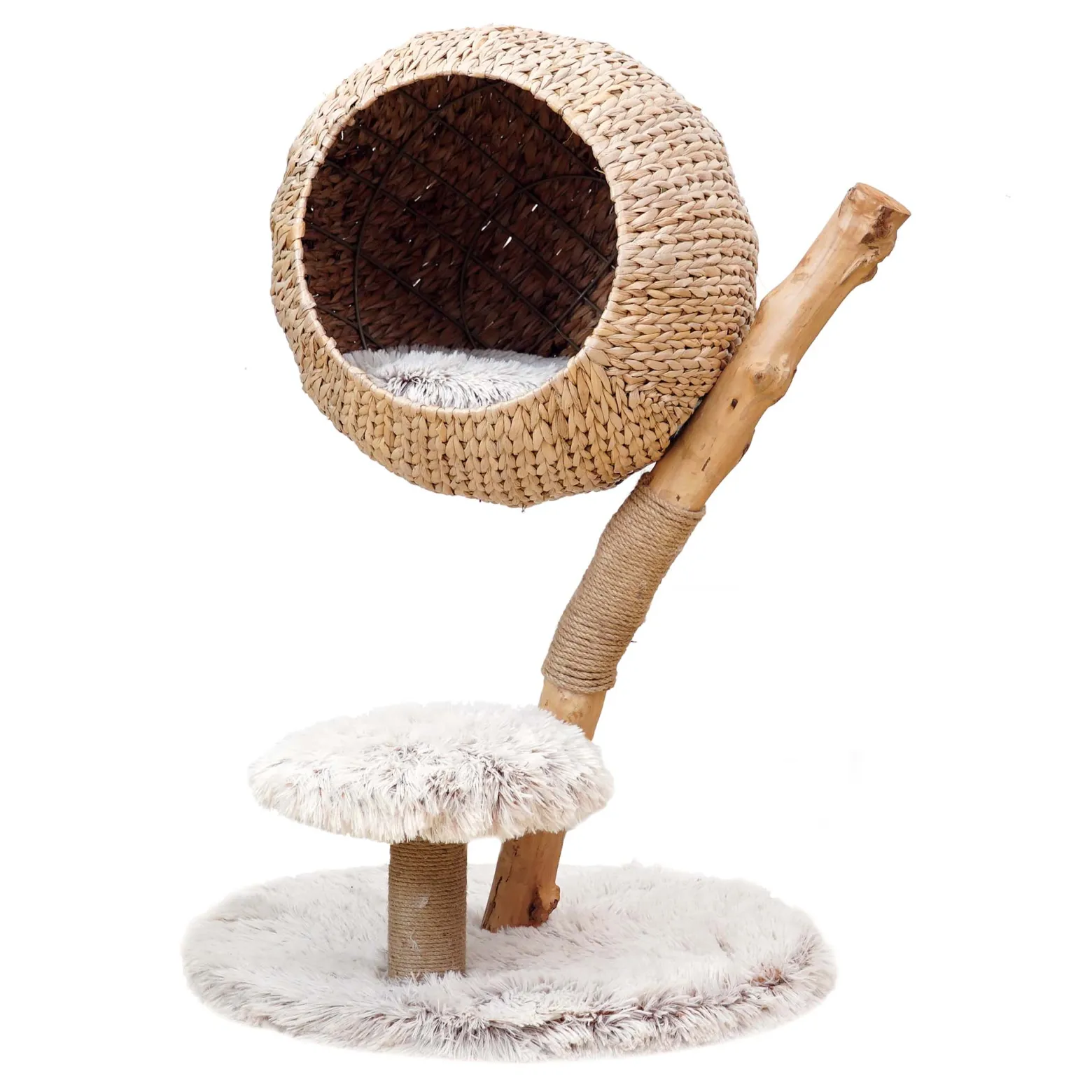 Fudajo Kratzbaum Zweigdesign mit Katzenkorb 83 cm hoch, Designer Katzenkratzbaum mit Liegekorb in Flecht-Optik, Katzenbaum aus Holz mit Plüsch