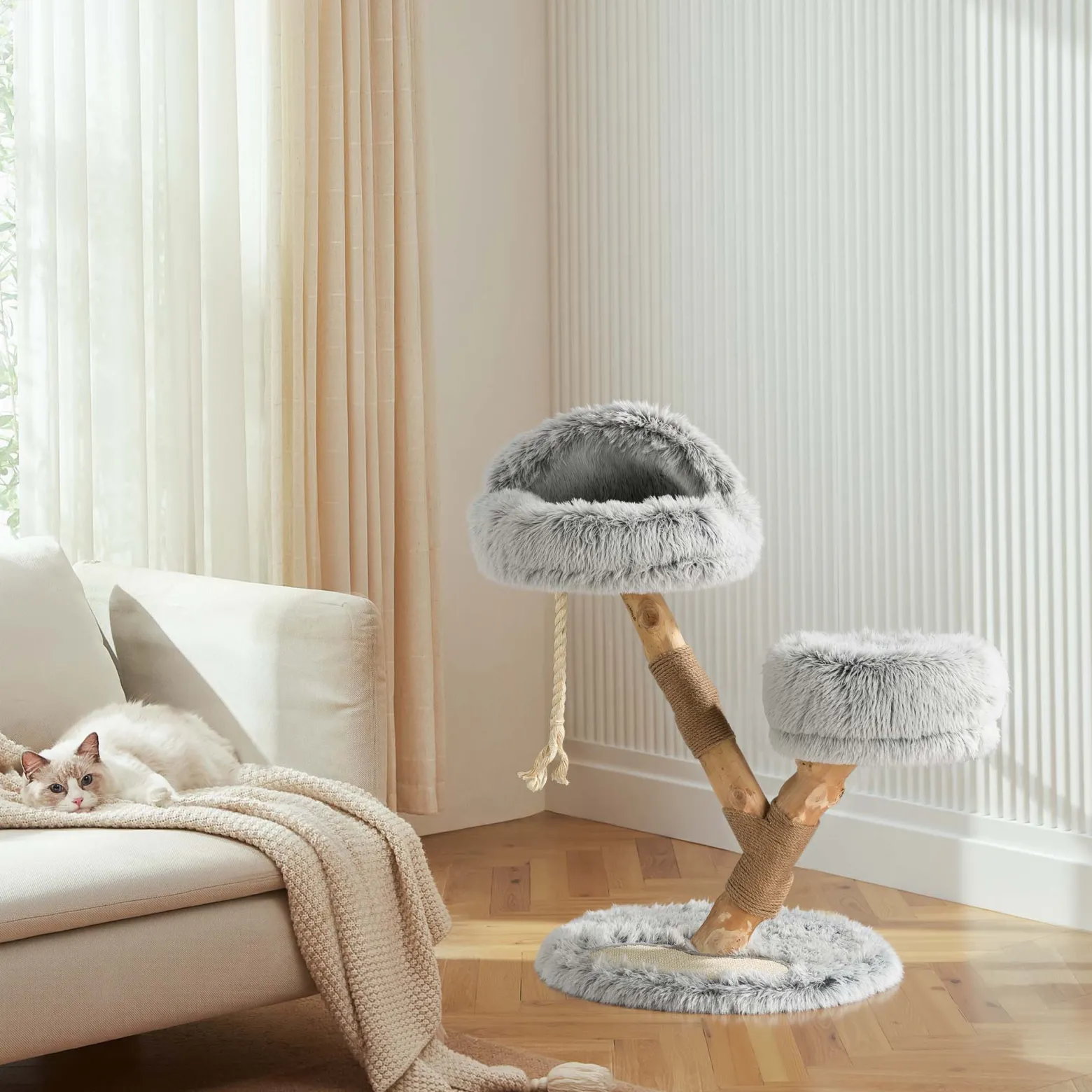 Fudajo Kratzbaum Zweigdesign mit Katzenhöhle 80 cm, Designer Katzenkratzbaum mit Plüsch und Birnbaumholz, Katzenbaum aus Holz mit Kratzmatte