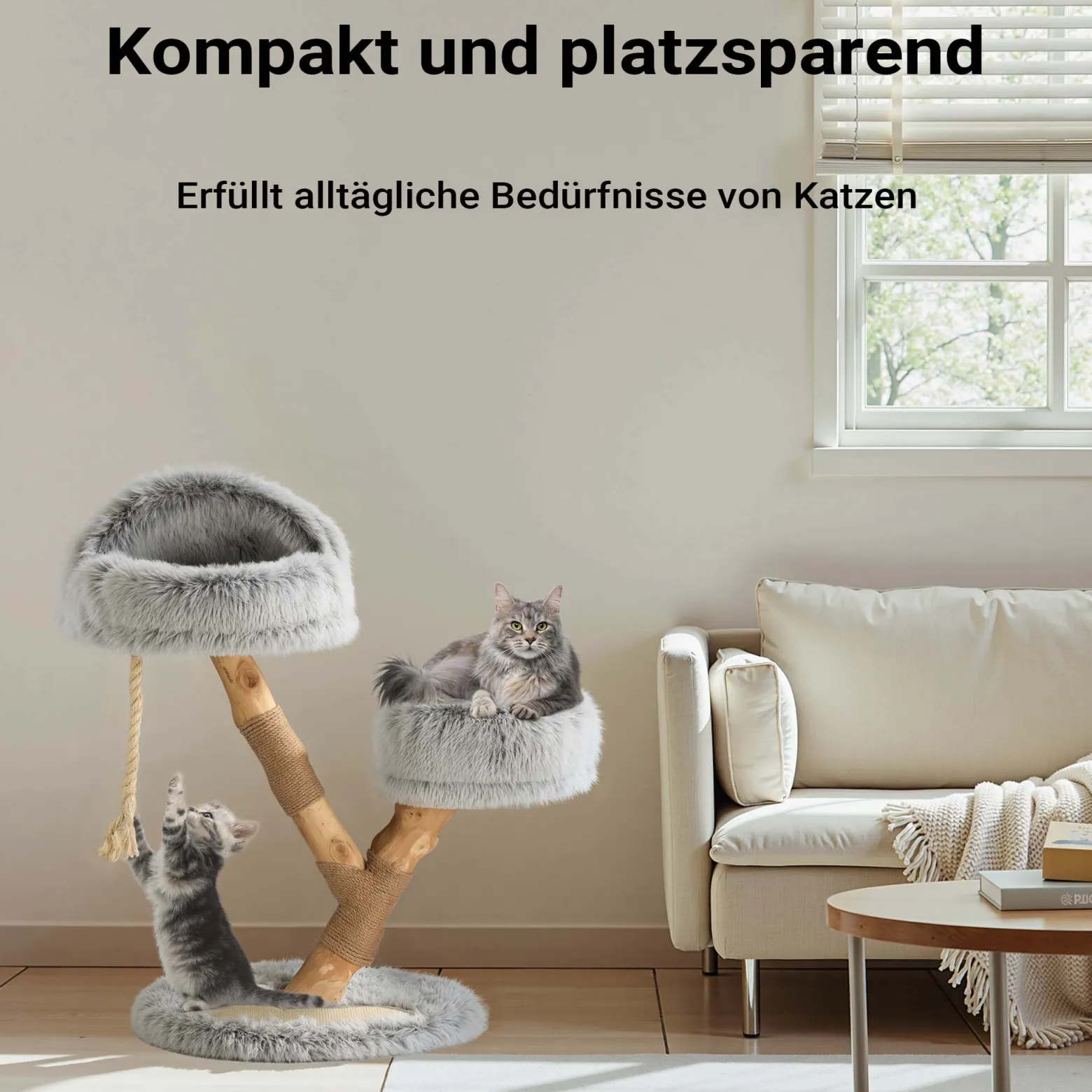 Fudajo Kratzbaum Zweigdesign mit Katzenhöhle 80 cm, Designer Katzenkratzbaum mit Plüsch und Birnbaumholz, Katzenbaum aus Holz mit Kratzmatte
