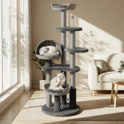 Fudajo Urban Loft 160 cm Kratzbaum grau, Katzenkratzbaum mit Ø 58 cm Bodenplatte, Katzenbaum mit Massageelement, 3 Liegeflächen, 3 Plattformen und Papierseil-Kratzstämmen