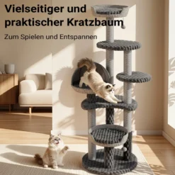Fudajo Urban Loft 160 cm Kratzbaum grau, Katzenkratzbaum mit Ø 58 cm Bodenplatte, Katzenbaum mit Massageelement, 3 Liegeflächen, 3 Plattformen und Papierseil-Kratzstämmen