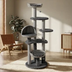 Fudajo Urban Loft 160 cm Kratzbaum grau, Katzenkratzbaum mit Ø 58 cm Bodenplatte, Katzenbaum mit Massageelement, 3 Liegeflächen, 3 Plattformen und Papierseil-Kratzstämmen