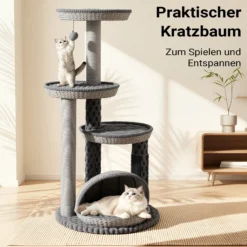 Fudajo Urban Loft 115 cm Kratzbaum grau, Katzenkratzbaum mit Ø 58 cm Bodenplatte, Katzenbaum mit Massageelement, 3 Liegeflächen und Papierseil-Kratzstämmen