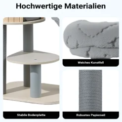 Fudajo Urban Studio 122 cm Kratzbaum grau, Katzenbaum mit Katzenhaus, Hängeliege, Katzenbett und Papierseil-Kratzstämmen
