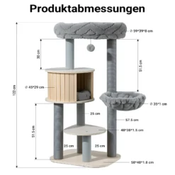 Fudajo Urban Studio 122 cm Kratzbaum grau, Katzenbaum mit Katzenhaus, Hängeliege, Katzenbett und Papierseil-Kratzstämmen