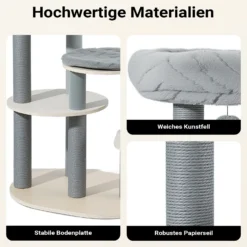 Fudajo Urban Studio 163 cm Kratzbaum grau, Katzenbaum mit Katzenhaus, Hängeliege, Katzenbett und Papierseil-Kratzstämmen
