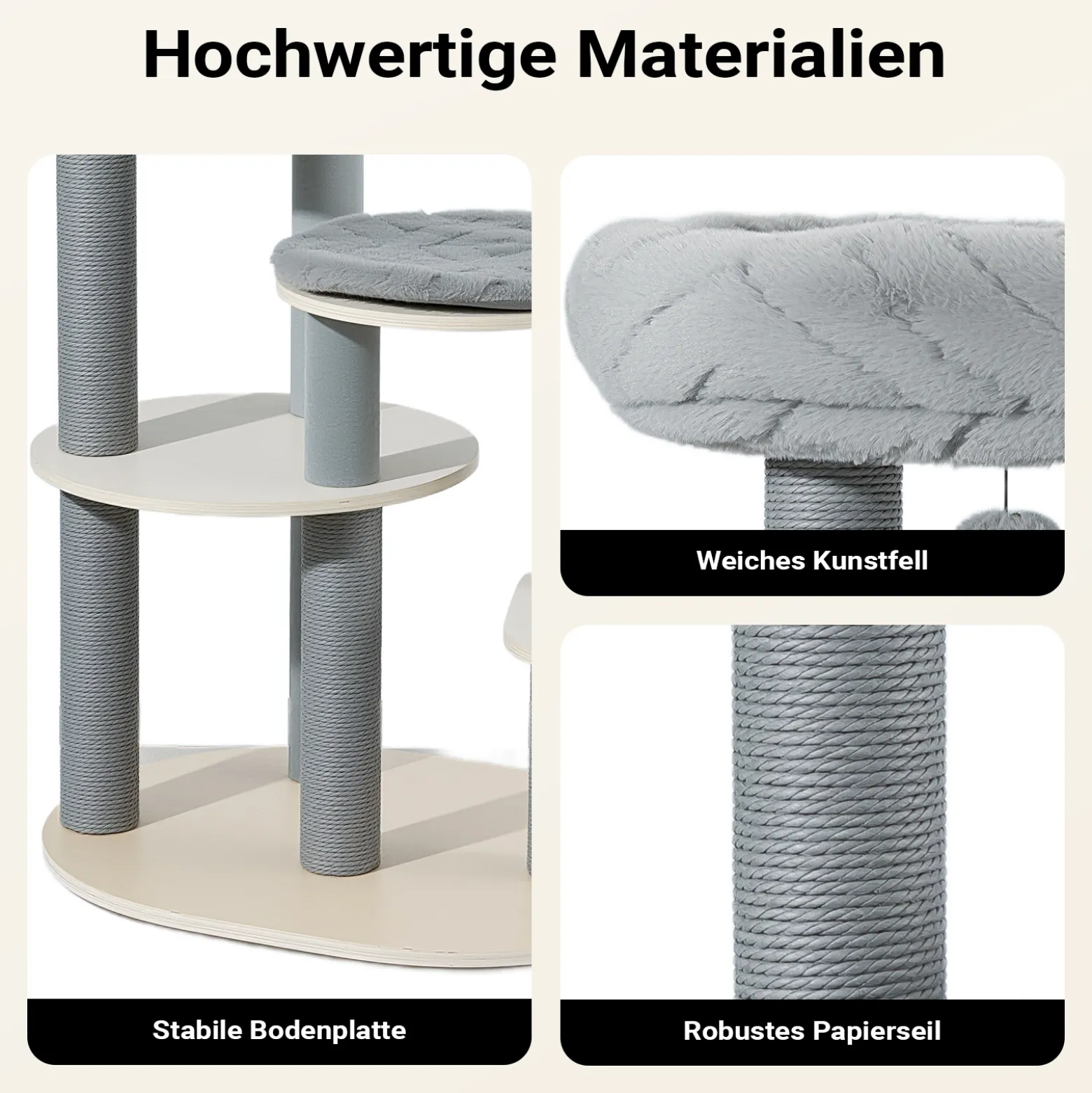 Fudajo Urban Studio 163 cm Kratzbaum grau, Katzenbaum mit Katzenhaus, Hängeliege, Katzenbett und Papierseil-Kratzstämmen