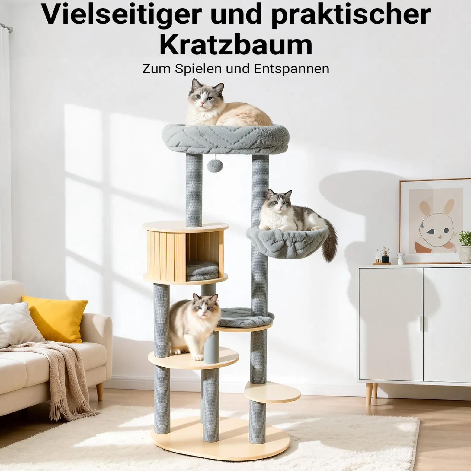 Fudajo Urban Studio 163 cm Kratzbaum grau, Katzenbaum mit Katzenhaus, Hängeliege, Katzenbett und Papierseil-Kratzstämmen