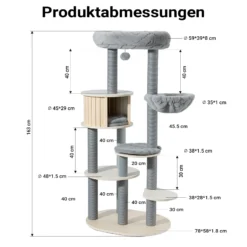 Fudajo Urban Studio 163 cm Kratzbaum grau, Katzenbaum mit Katzenhaus, Hängeliege, Katzenbett und Papierseil-Kratzstämmen