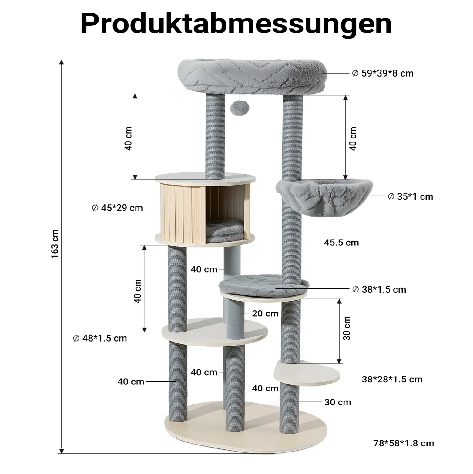 Fudajo Urban Studio 163 cm Kratzbaum grau, Katzenbaum mit Katzenhaus, Hängeliege, Katzenbett und Papierseil-Kratzstämmen