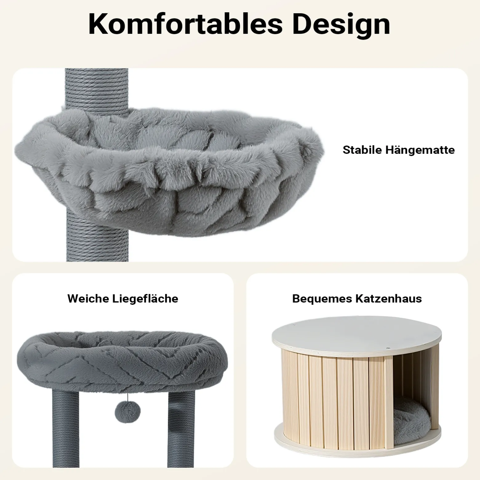Fudajo Urban Studio 163 cm Kratzbaum grau, Katzenbaum mit Katzenhaus, Hängeliege, Katzenbett und Papierseil-Kratzstämmen