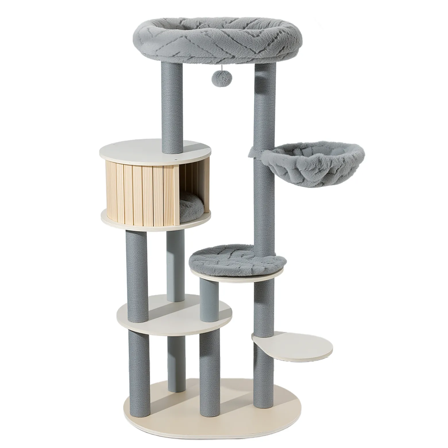 Fudajo Urban Studio 163 cm Kratzbaum grau, Katzenbaum mit Katzenhaus, Hängeliege, Katzenbett und Papierseil-Kratzstämmen