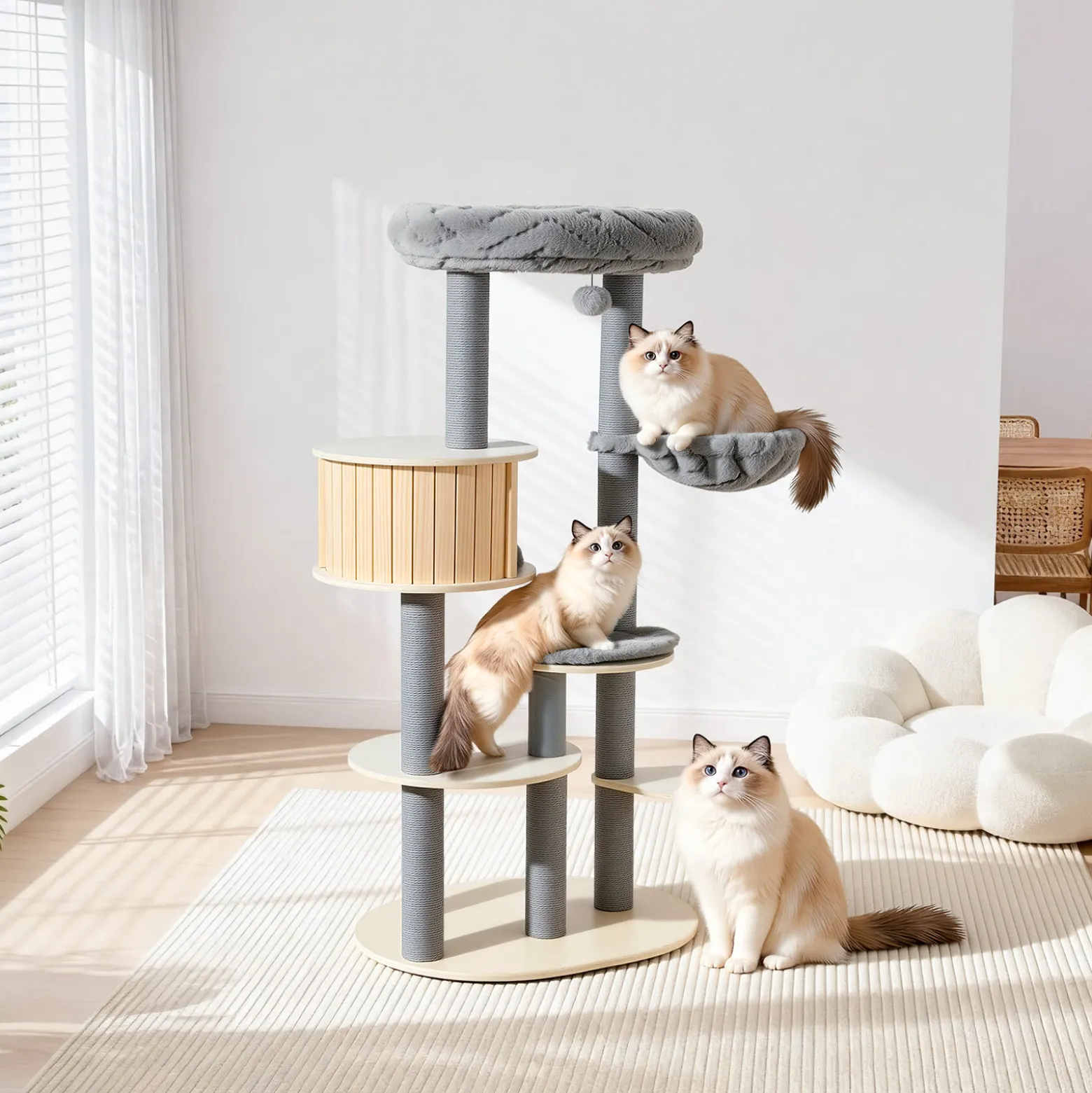Fudajo Urban Studio 163 cm Kratzbaum grau, Katzenbaum mit Katzenhaus, Hängeliege, Katzenbett und Papierseil-Kratzstämmen
