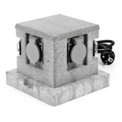 Gartensteckdose 4fach in Granitoptik, IP44, Außensteckdose mit Sensor für Dämmerung und 1,5m Kabel