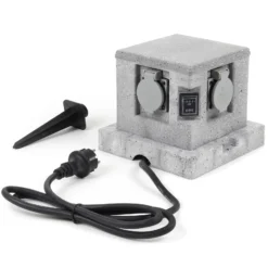 Gartensteckdose 4fach in Granitoptik, IP44, Außensteckdose mit Sensor für Dämmerung und 1,5m Kabel