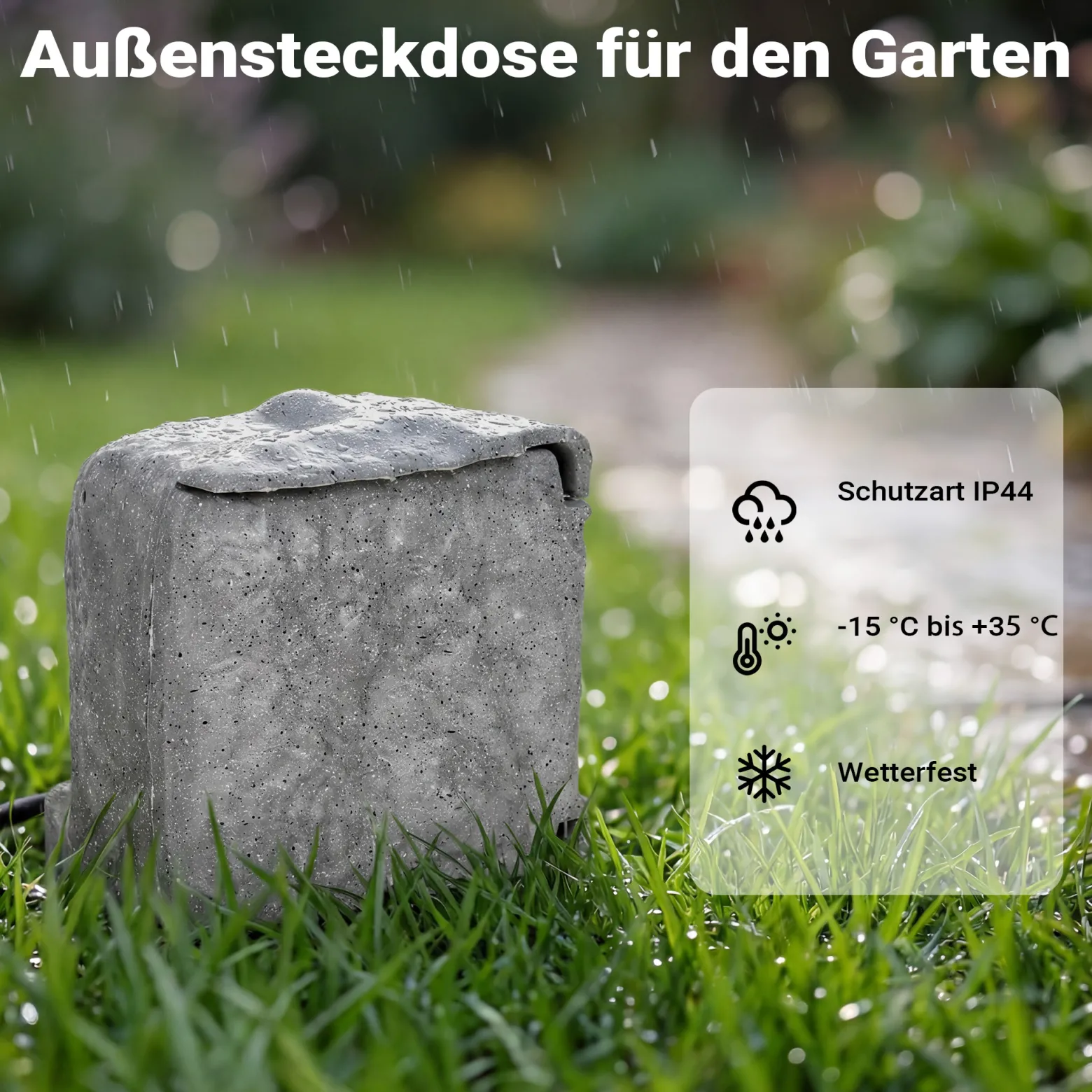 Gartensteckdose 4fach in Steinoptik, IP44, Außensteckdose mit Sensor für Dämmerung und 1,5m Kabel