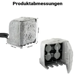Gartensteckdose 4fach in Steinoptik, IP44, Außensteckdose mit Sensor für Dämmerung und 1,5m Kabel