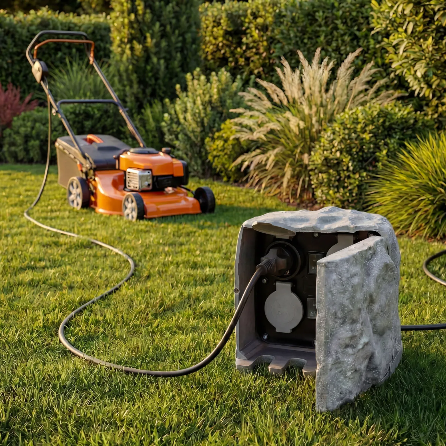 Gartensteckdose 4fach in Steinoptik, IP44, Außensteckdose mit Sensor für Dämmerung und 1,5m Kabel