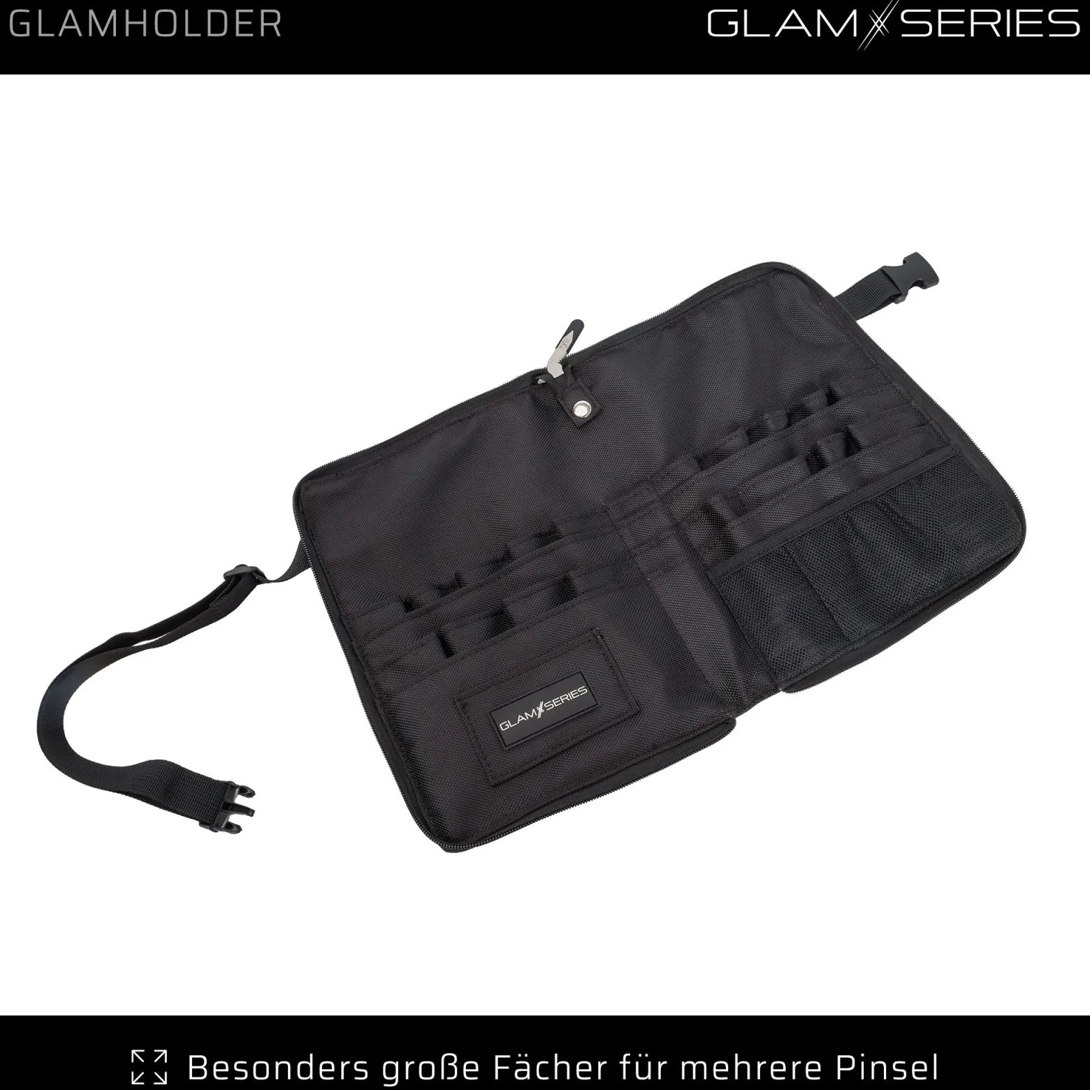 GlamSeries GlamHolder Pinselgürtel 270 x 190 mm mit mehreren Fächern für Make-up Pinsel, zusammenfaltbare Pinseltasche mit Gürtel