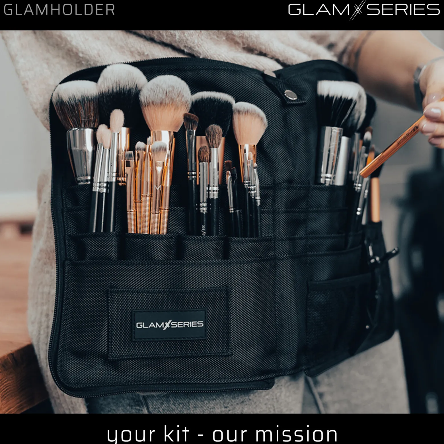 GlamSeries GlamHolder Pinselgürtel 270 x 190 mm mit mehreren Fächern für Make-up Pinsel, zusammenfaltbare Pinseltasche mit Gürtel