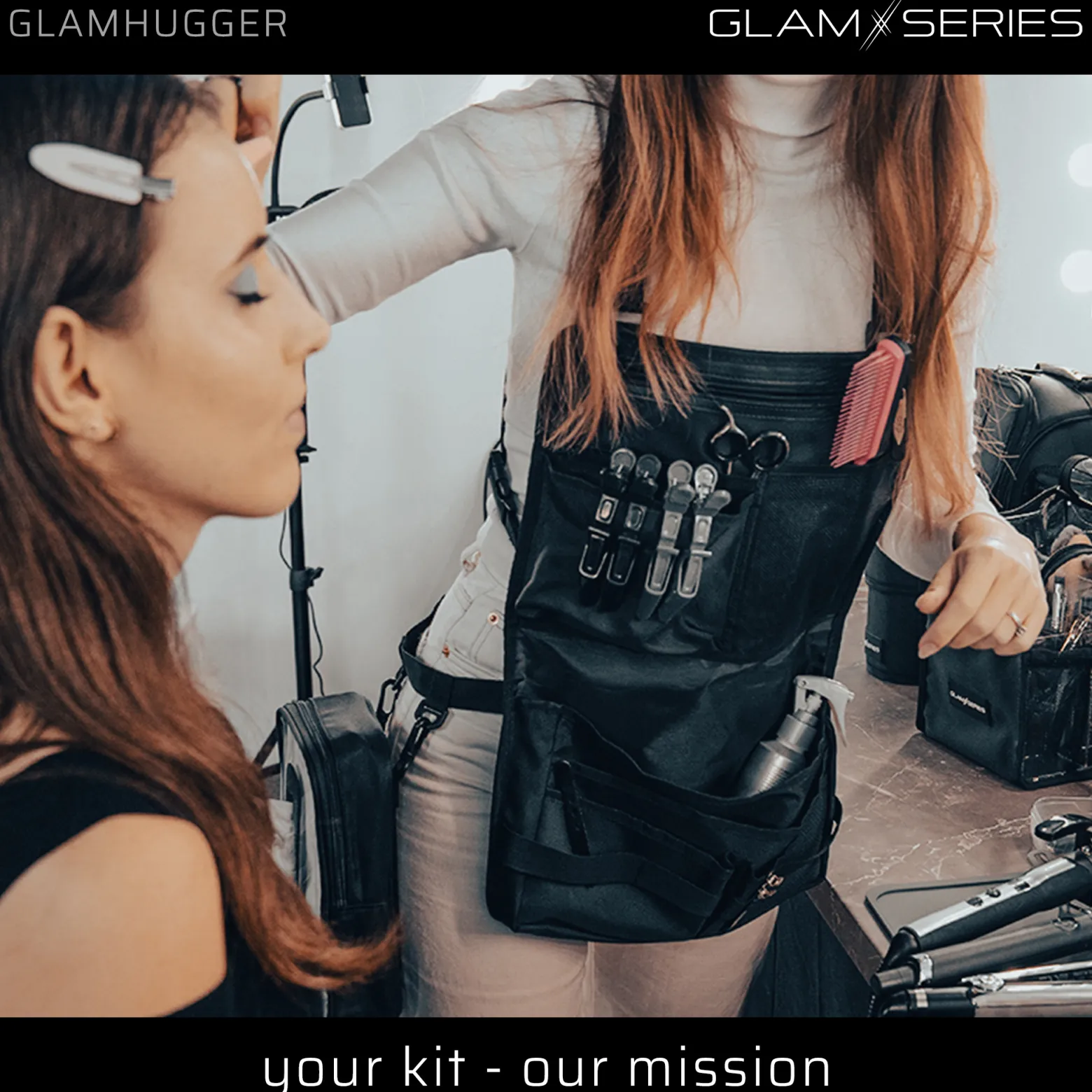 GlamSeries GlamHugger Organizer Schürze für Friseur, Hair and Make-Up Artist, Tätowierer, Arbeitsschürze größenverstellbar mit praktischen Taschen
