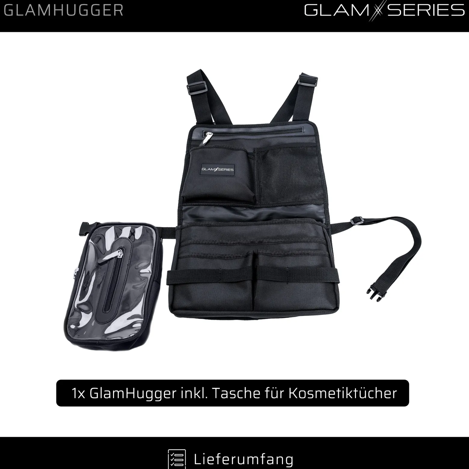 GlamSeries GlamHugger Organizer Schürze für Friseur, Hair and Make-Up Artist, Tätowierer, Arbeitsschürze größenverstellbar mit praktischen Taschen