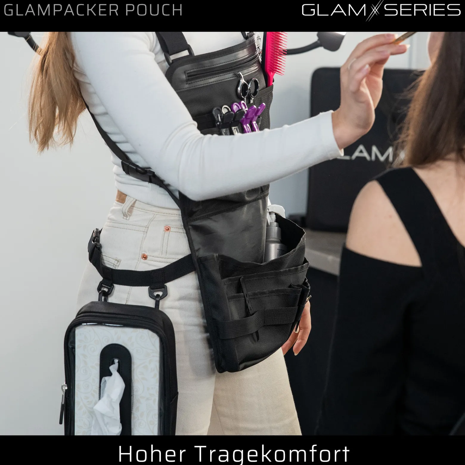 GlamSeries GlamHugger Organizer Schürze für Friseur, Hair and Make-Up Artist, Tätowierer, Arbeitsschürze größenverstellbar mit praktischen Taschen