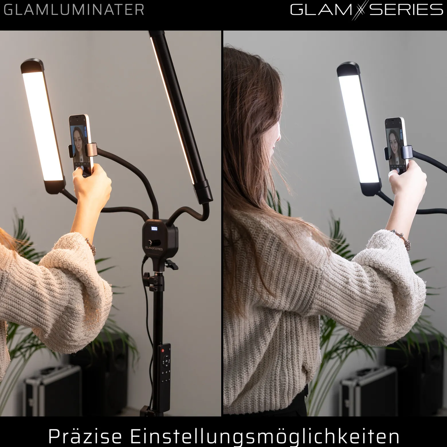 GlamSeries GlamLuminater LED Leuchte, Beleuchtung mit 2 flexiblen Armen, stufenlose Farbtemperatur, Lampe mit Fernbedienung, Schminklicht für Make-Up Artists
