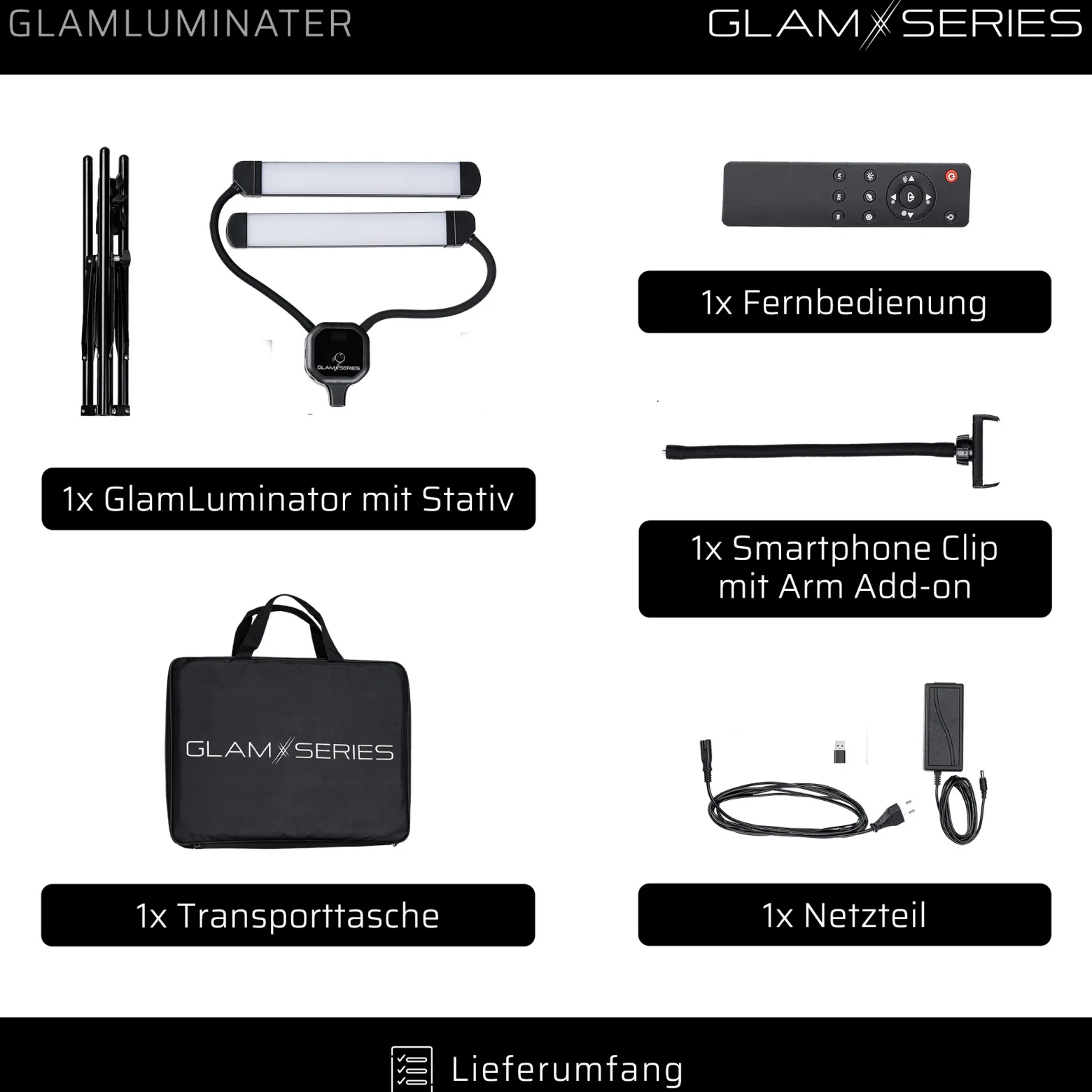 GlamSeries GlamLuminater LED Leuchte, Beleuchtung mit 2 flexiblen Armen, stufenlose Farbtemperatur, Lampe mit Fernbedienung, Schminklicht für Make-Up Artists
